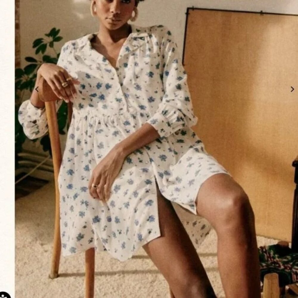 Sezane Aurora Dress White Floral Button-Up Dress blue rose 38 6 tiered short